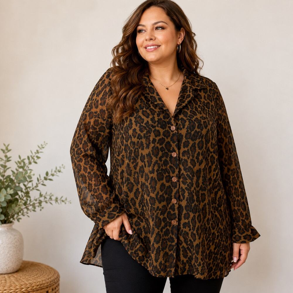 Resource Leopard Print Sheer Tunic Blouse Brown Black Button Front Plus Sz 20